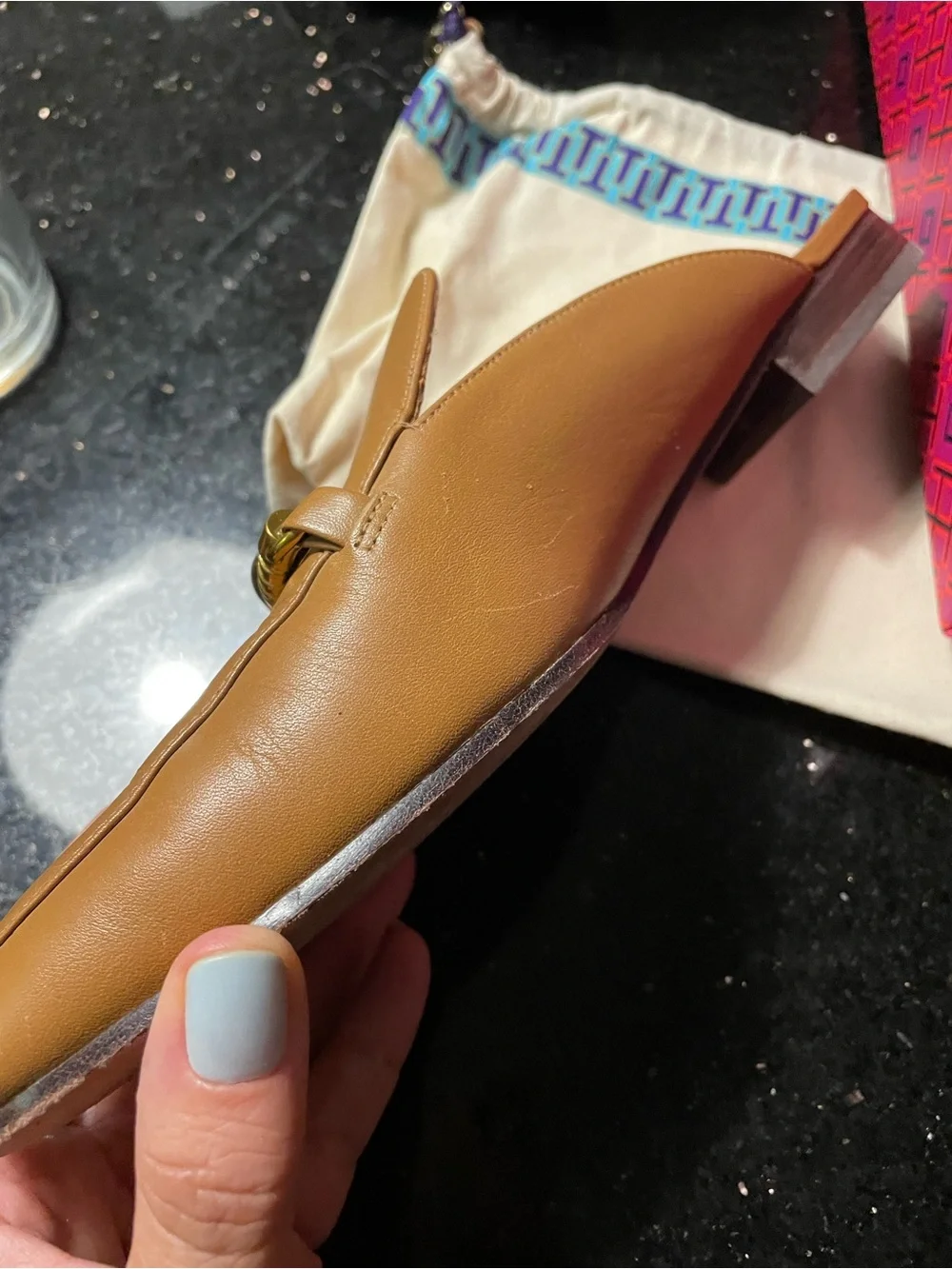 Tory Burch Tan Leather Slip-On Mules with Gold Chain - Picture 4 of 10